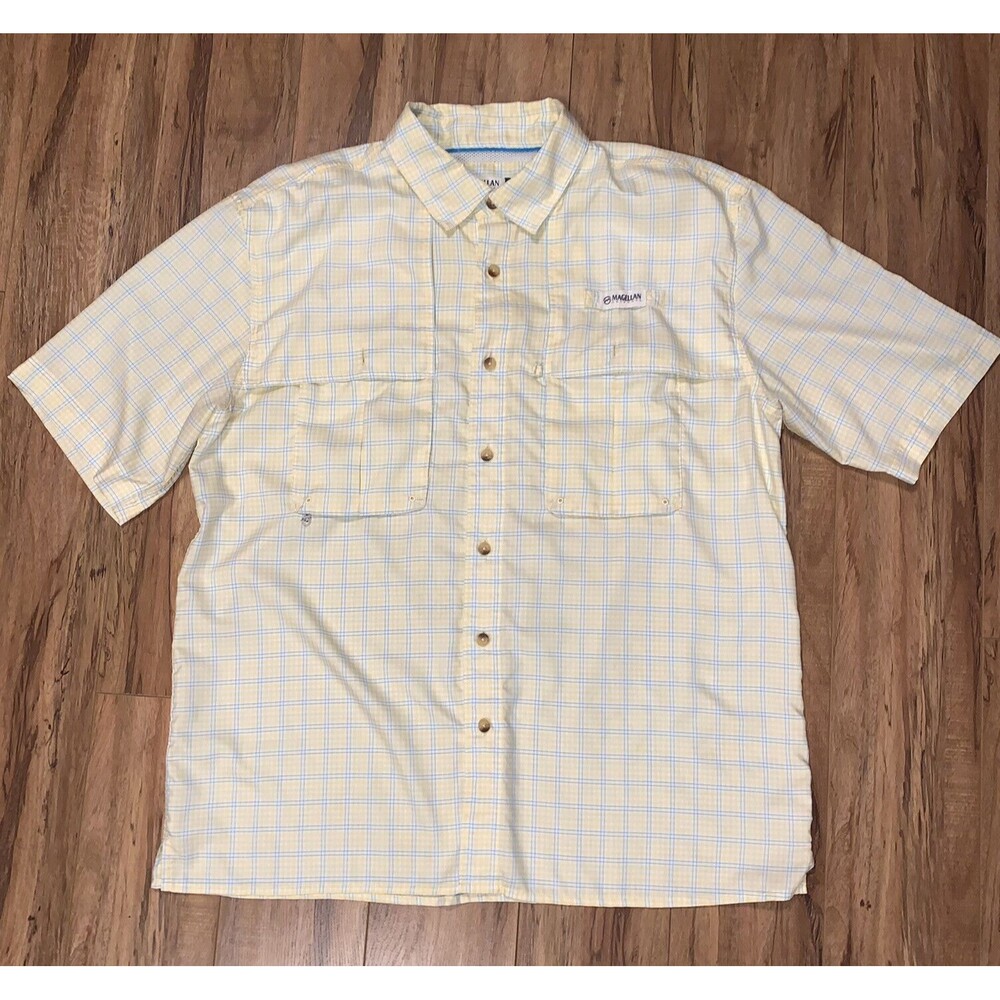 Magellan Outdoors Shirt Mens Large L Short Sleeve Fish Gear Button Yellow Plaid